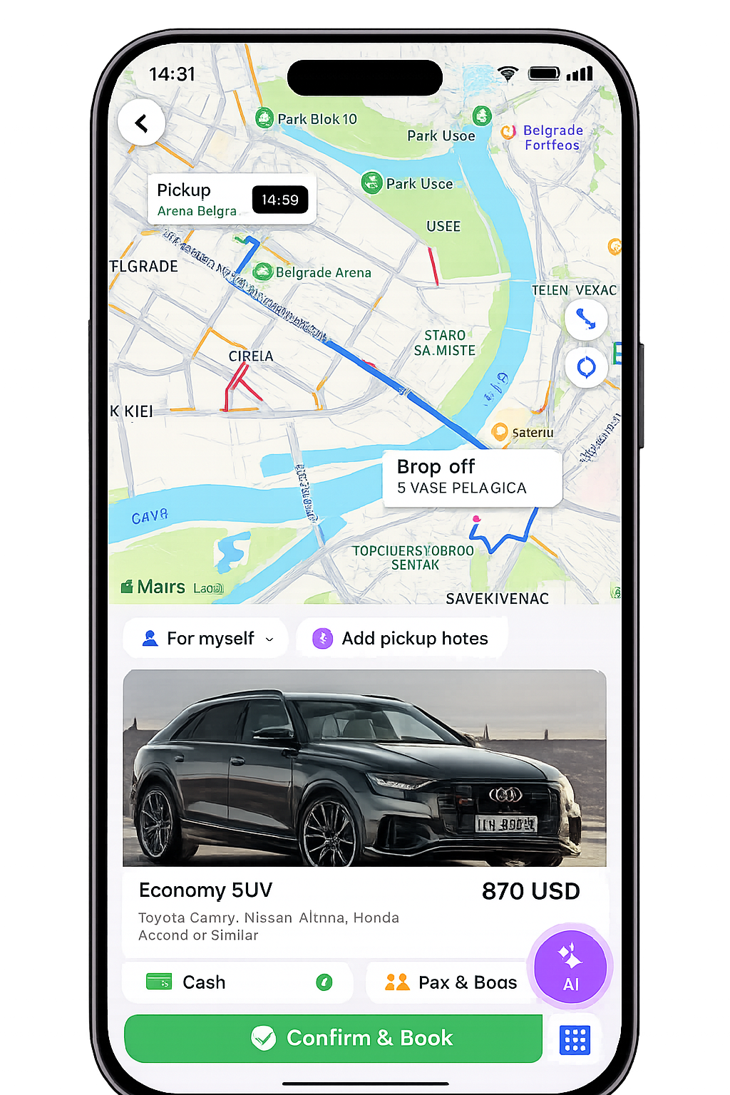 Booking confirmation with map and vehicle